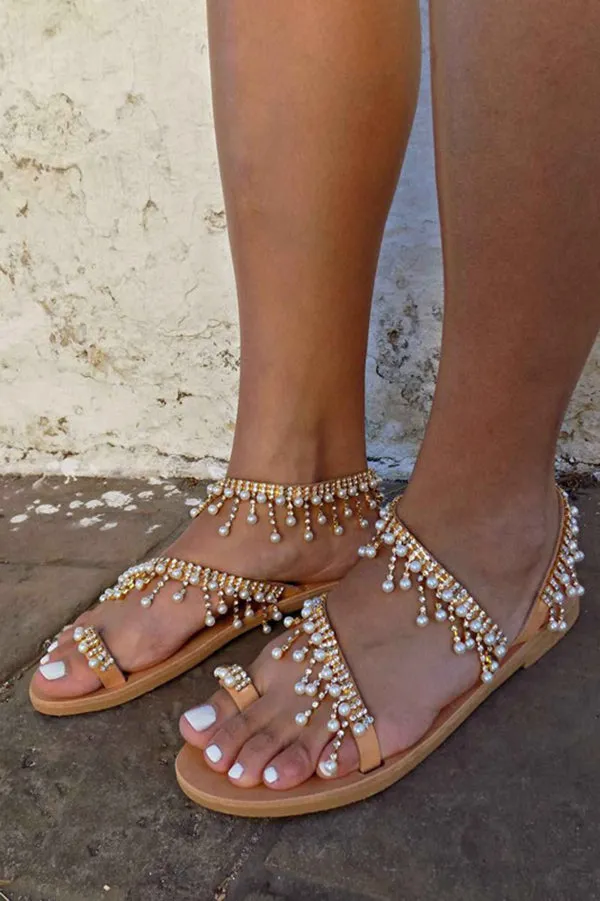 Women's Flat Sandals Pearl Tassel Gladiator Sandals