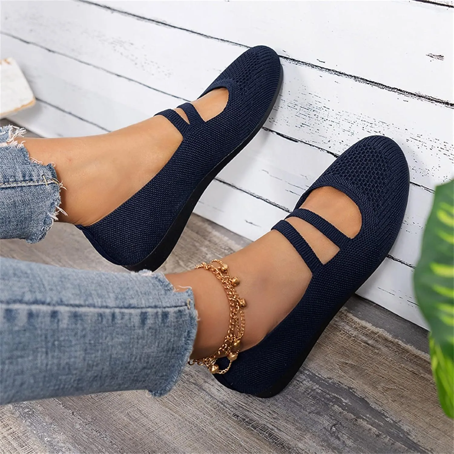 Women's Flat Shoes Knit Ballet Flat Dressy Casual Shoes Slip on Work Shoes Round Toe Office Shoes Comfort Dress Flats