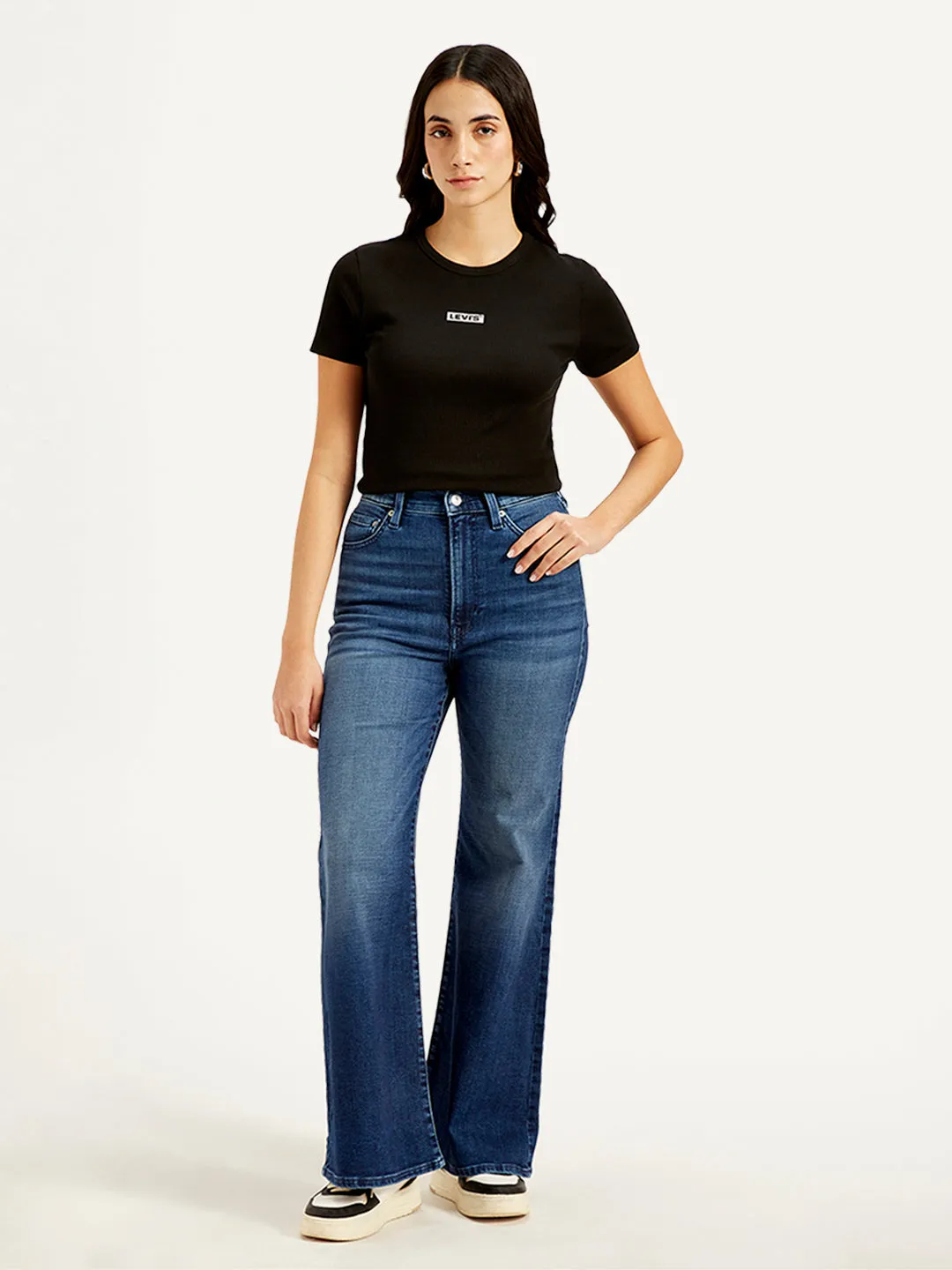 Women's High Rise Ribcage Dark Blue Bell Bottom Jeans