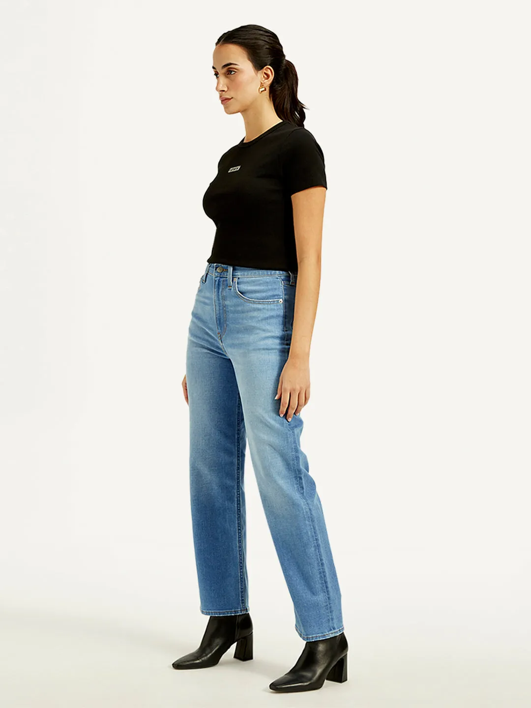 Women's High Rise Ribcage Straight Fit Blue Jeans