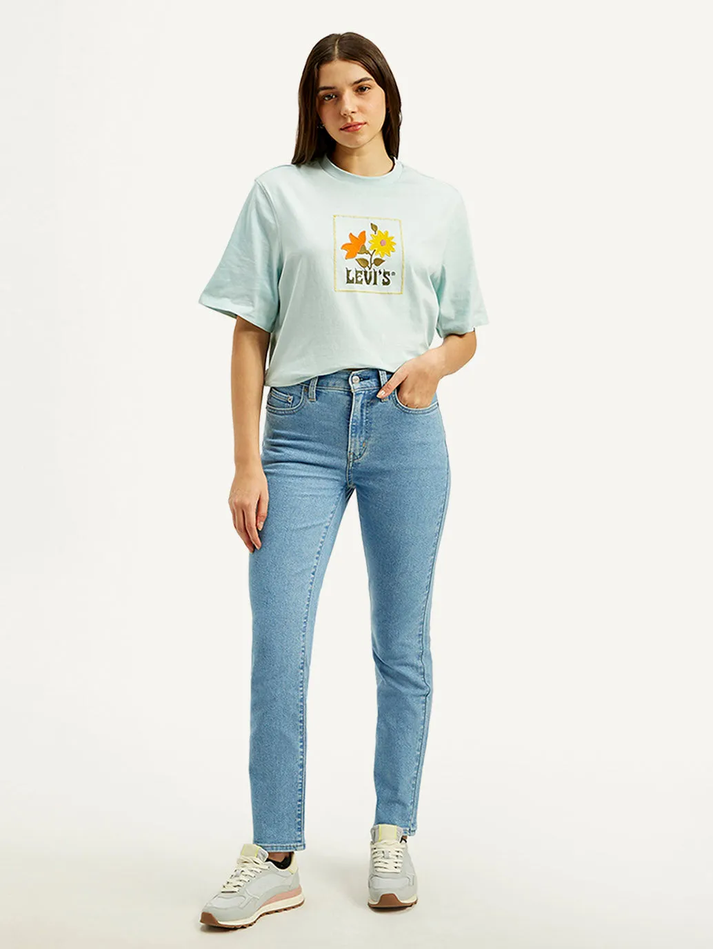Women's High Rise Straight Fit Light-blue Jeans