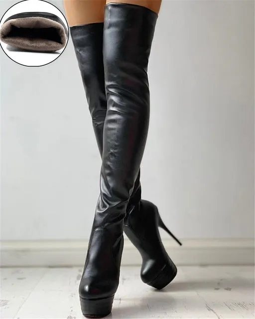 Women's Over Knee High Boots – Pull-On Platform High Heels, Round Toe Party & Cosplay Botas, Big Size Shoes for Women