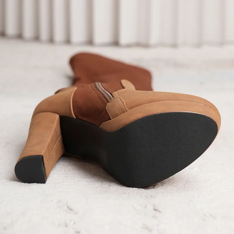 Women's Over The Knee Elastic Suede Square Heeled Boots