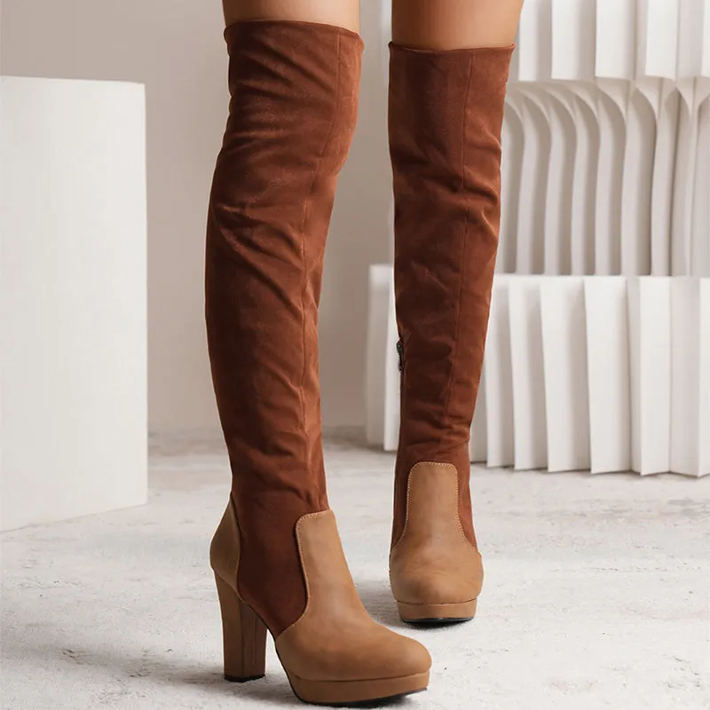Women's Over The Knee Elastic Suede Square Heeled Boots