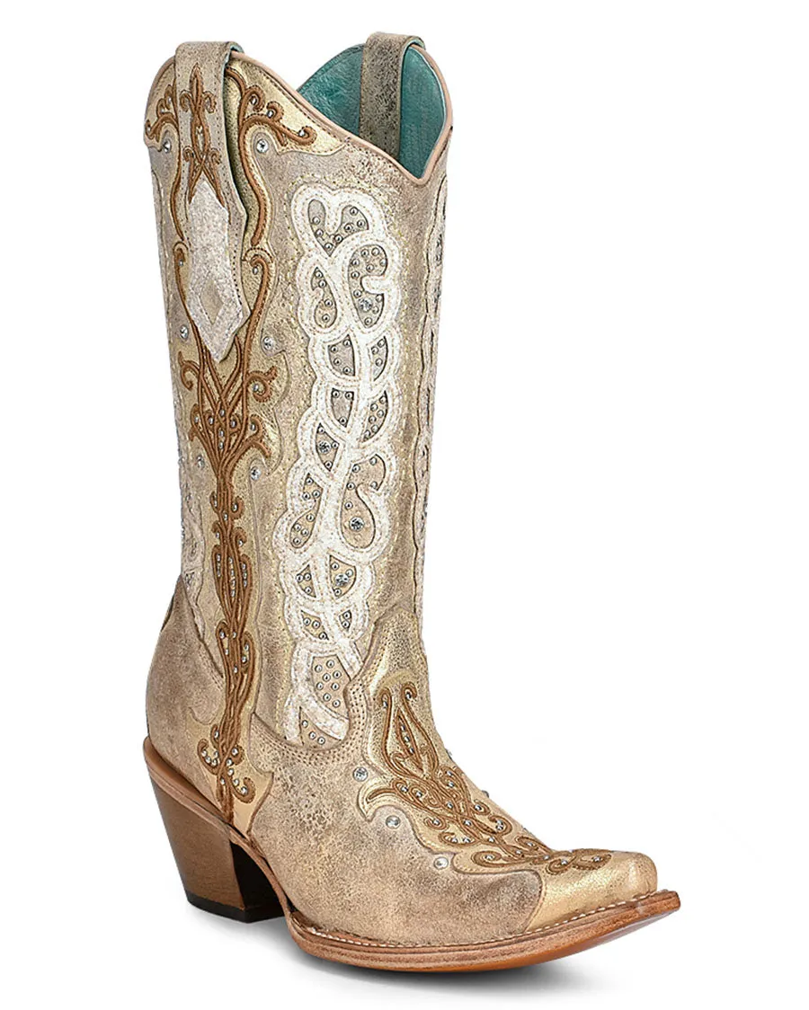 Women's Overlay Embroidery Studs & Crystals Western Boots