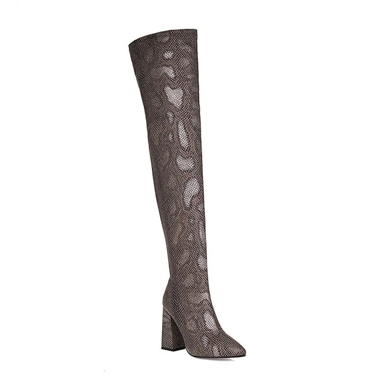 Women's Pointed Toe Side Zippers Over the Knee Block Heel High Boots