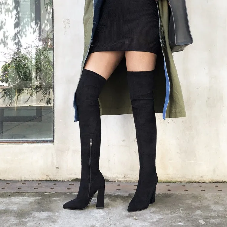 Women's Pointed Toe Side Zippers Over the Knee Block Heel High Boots