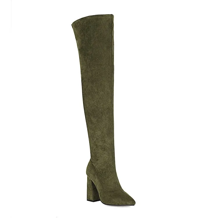 Women's Pointed Toe Side Zippers Over the Knee Block Heel High Boots