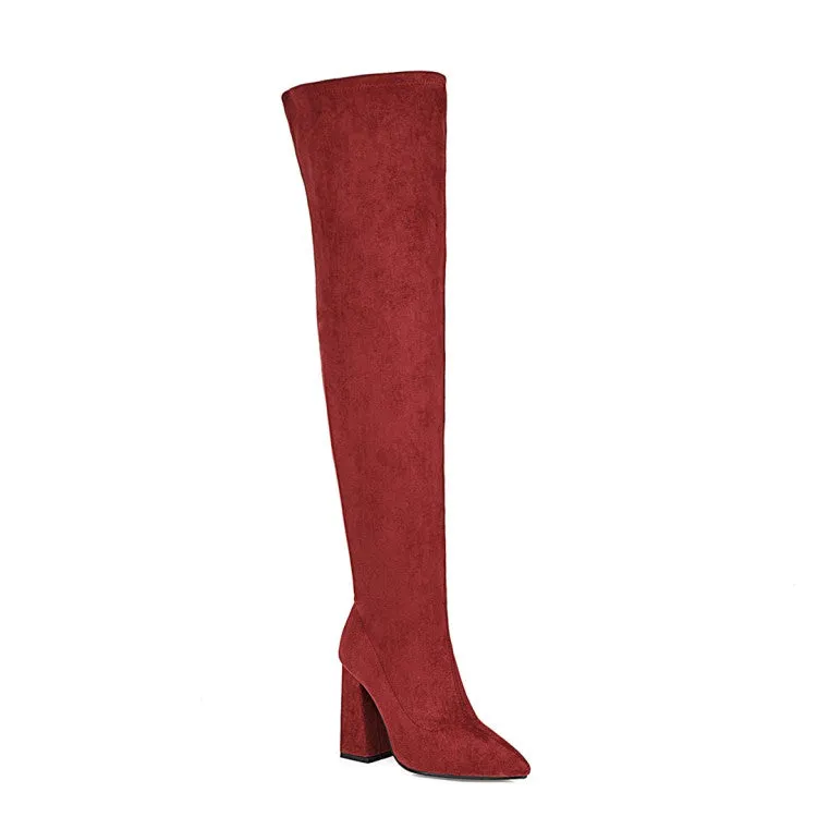 Women's Pointed Toe Side Zippers Over the Knee Block Heel High Boots