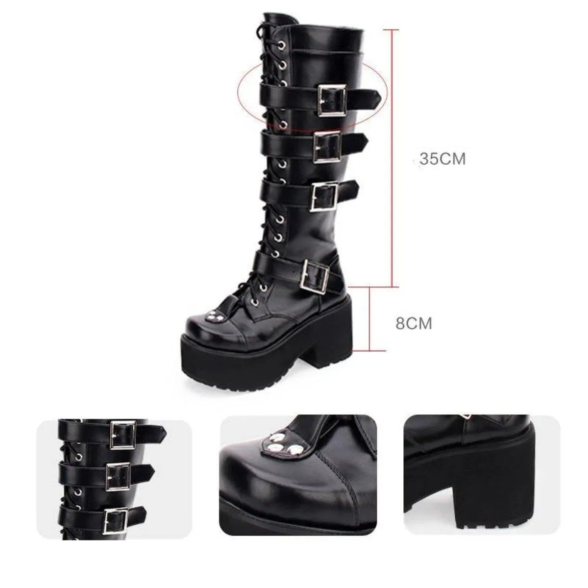 Women's Punk Gothic Buckle Straps Lace-Up High Boots