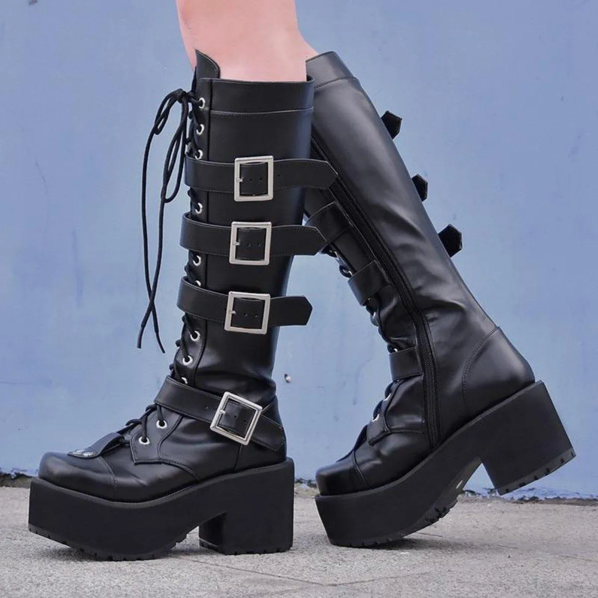 Women's Punk Gothic Buckle Straps Lace-Up High Boots