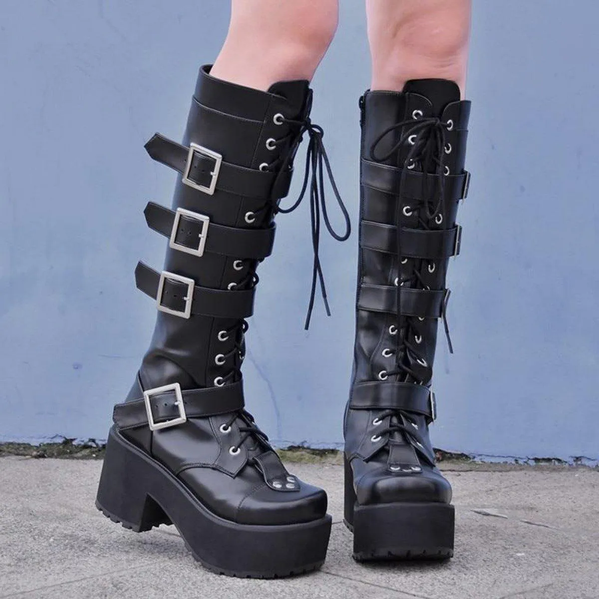 Women's Punk Gothic Buckle Straps Lace-Up High Boots