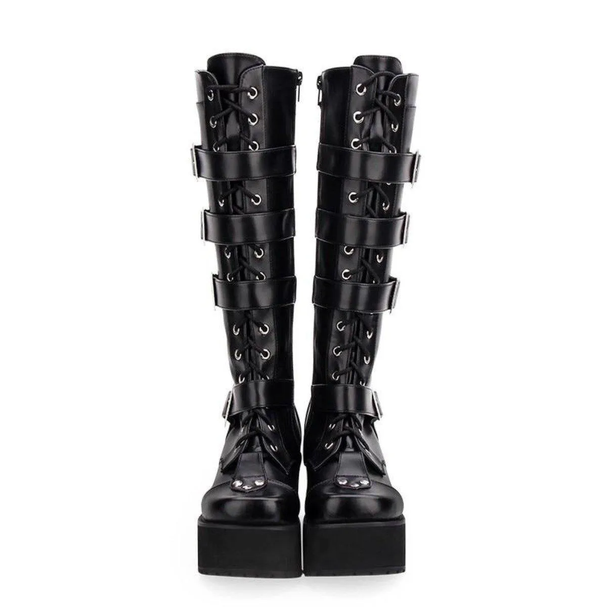 Women's Punk Gothic Buckle Straps Lace-Up High Boots