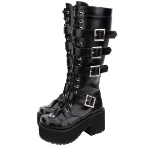Women's Punk Gothic Buckle Straps Lace-Up High Boots