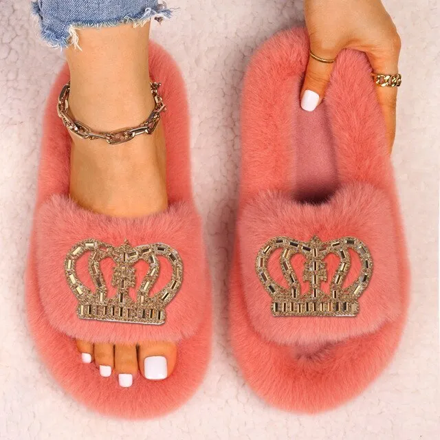 Women's Queen Crown Themed Flat Furry Winter Home Slippers