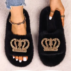 Women's Queen Crown Themed Flat Furry Winter Home Slippers