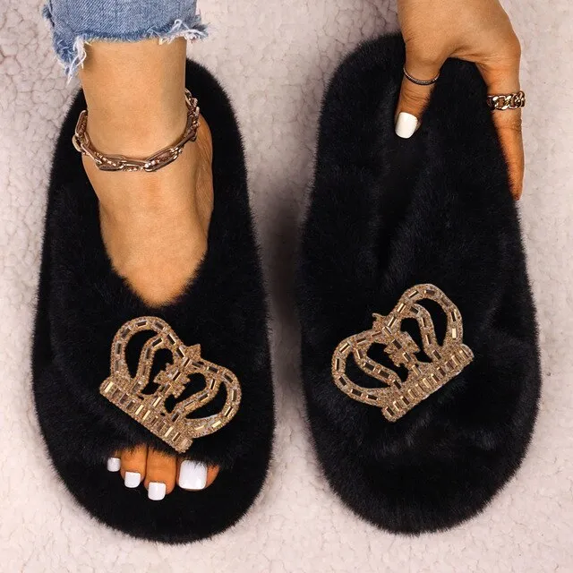Women's Queen Crown Themed Flat Furry Winter Home Slippers