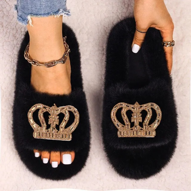Women's Queen Crown Themed Flat Furry Winter Home Slippers