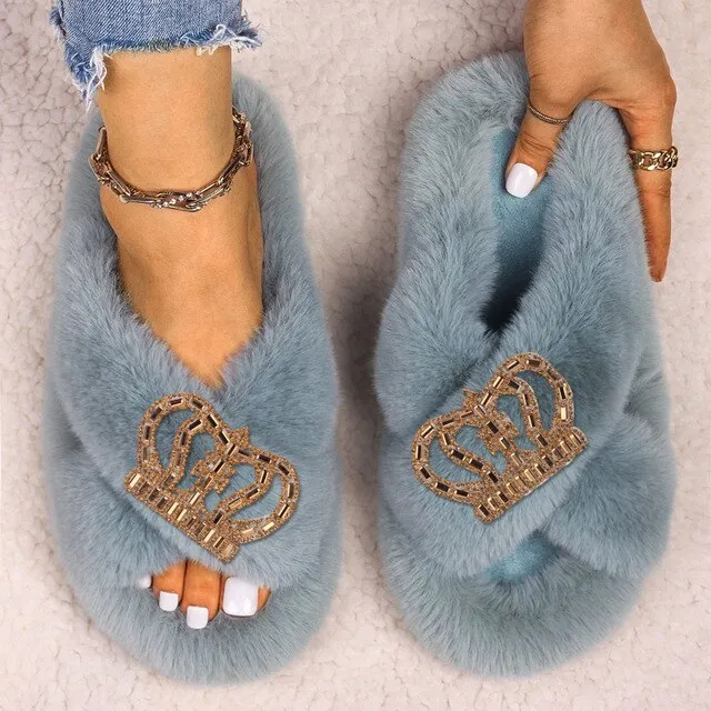 Women's Queen Crown Themed Flat Furry Winter Home Slippers