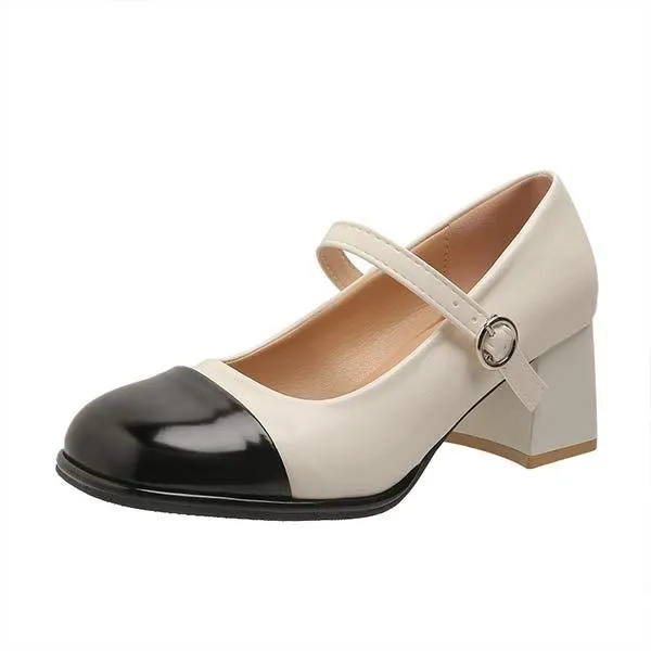 Women's Round-Toe Color-Blocked Chunky Heel High Heels 64955506C