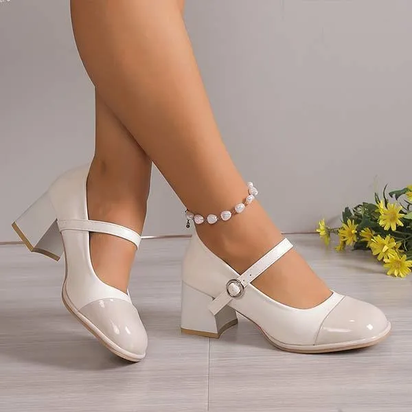 Women's Round-Toe Color-Blocked Chunky Heel High Heels 64955506C