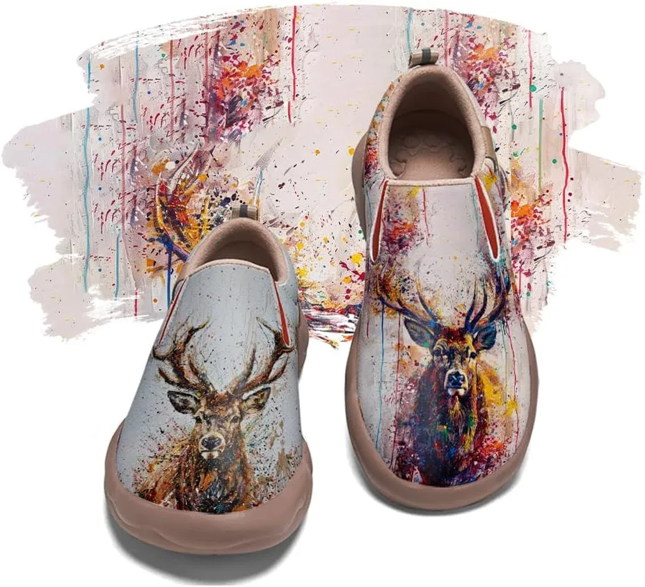 Women's Slip On Loafers Microfiber Art Painted Casual Shoes Lightweight Travel Sneakers Eik Deer