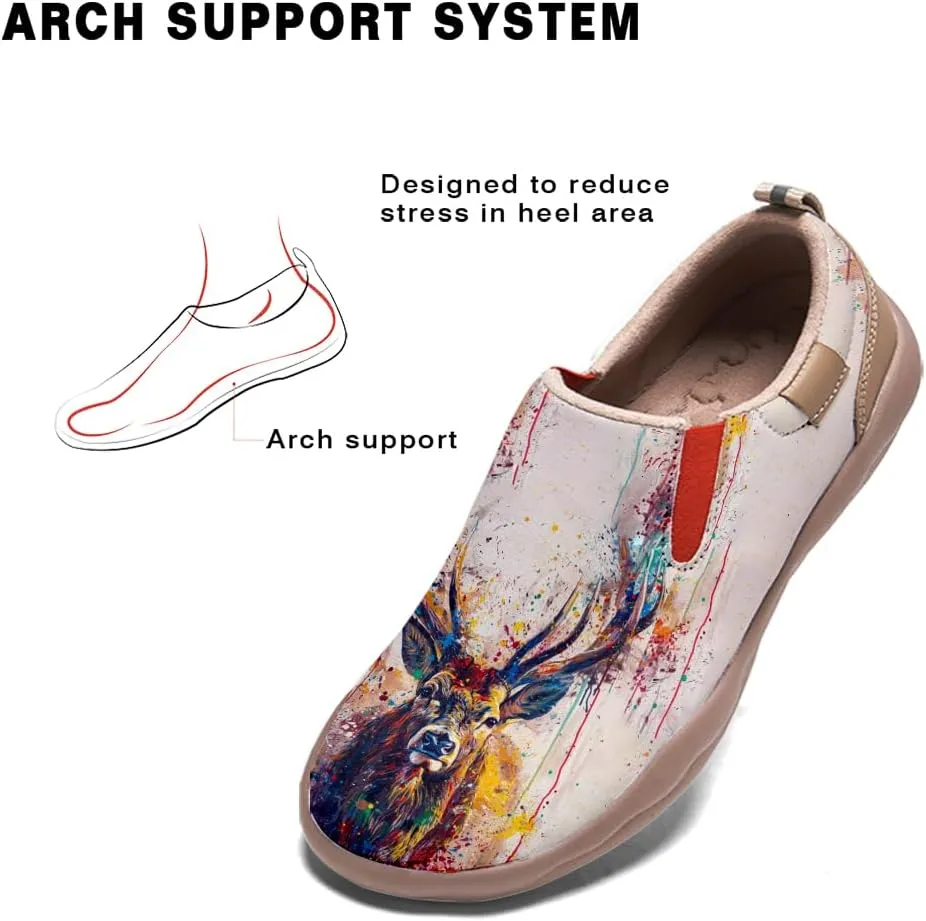 Women's Slip On Loafers Microfiber Art Painted Casual Shoes Lightweight Travel Sneakers Eik Deer
