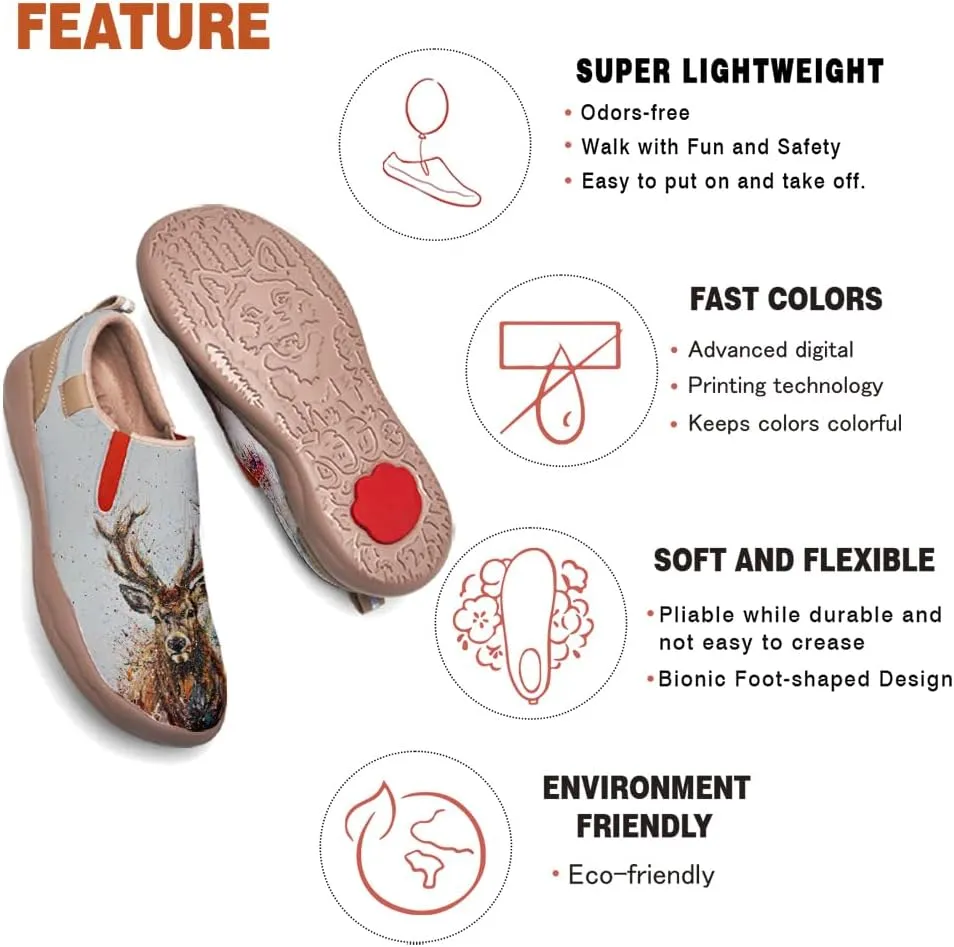 Women's Slip On Loafers Microfiber Art Painted Casual Shoes Lightweight Travel Sneakers Eik Deer