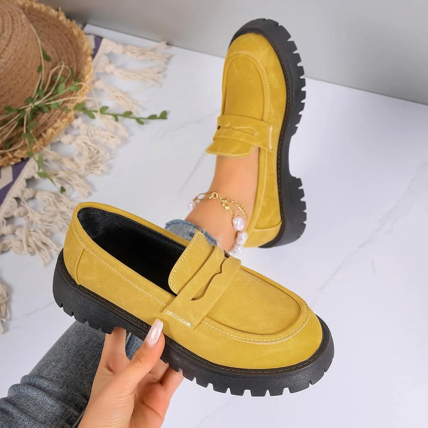 Womens Slip-On Shoes Platform Loafer Comfort Work Shoe Business Casual Shoes Leather Penny Loafers Chunky Loafers