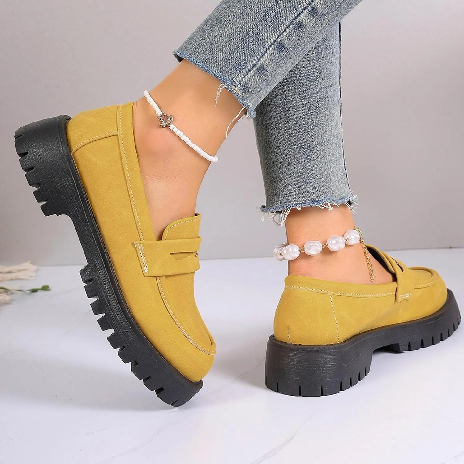 Womens Slip-On Shoes Platform Loafer Comfort Work Shoe Business Casual Shoes Leather Penny Loafers Chunky Loafers