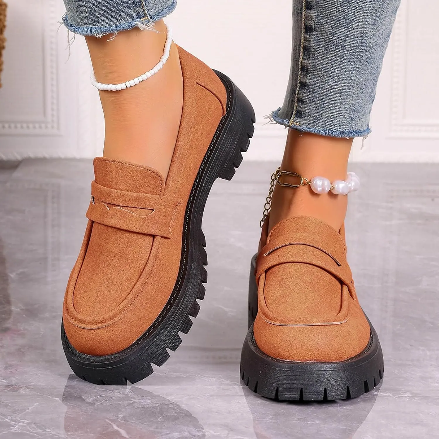 Womens Slip-On Shoes Platform Loafer Comfort Work Shoe Business Casual Shoes Leather Penny Loafers Chunky Loafers