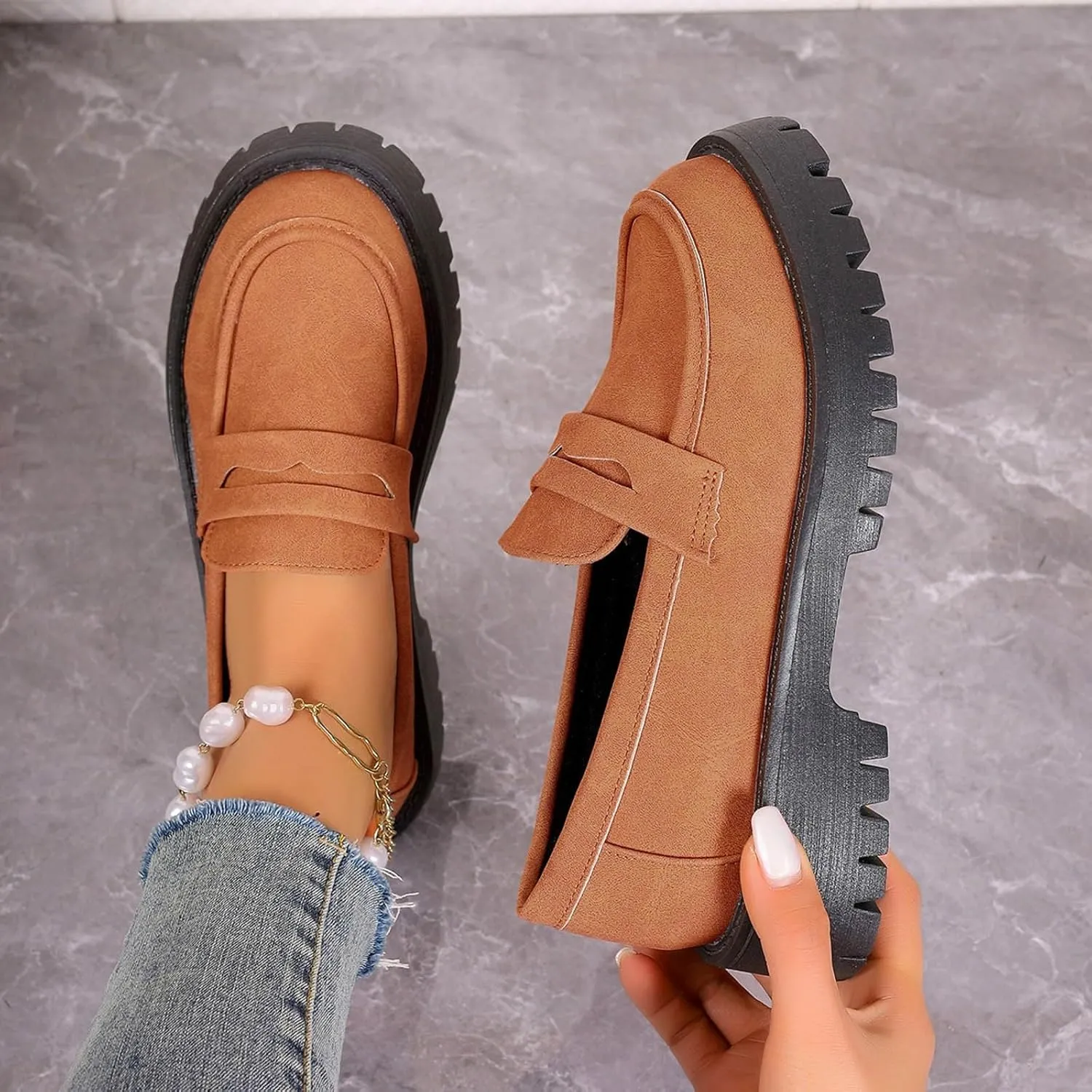 Womens Slip-On Shoes Platform Loafer Comfort Work Shoe Business Casual Shoes Leather Penny Loafers Chunky Loafers