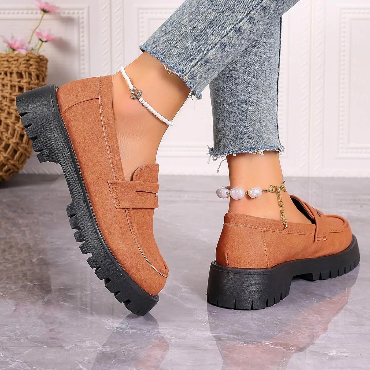 Womens Slip-On Shoes Platform Loafer Comfort Work Shoe Business Casual Shoes Leather Penny Loafers Chunky Loafers