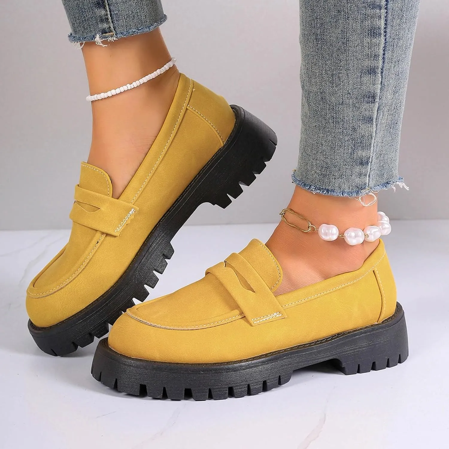 Womens Slip-On Shoes Platform Loafer Comfort Work Shoe Business Casual Shoes Leather Penny Loafers Chunky Loafers