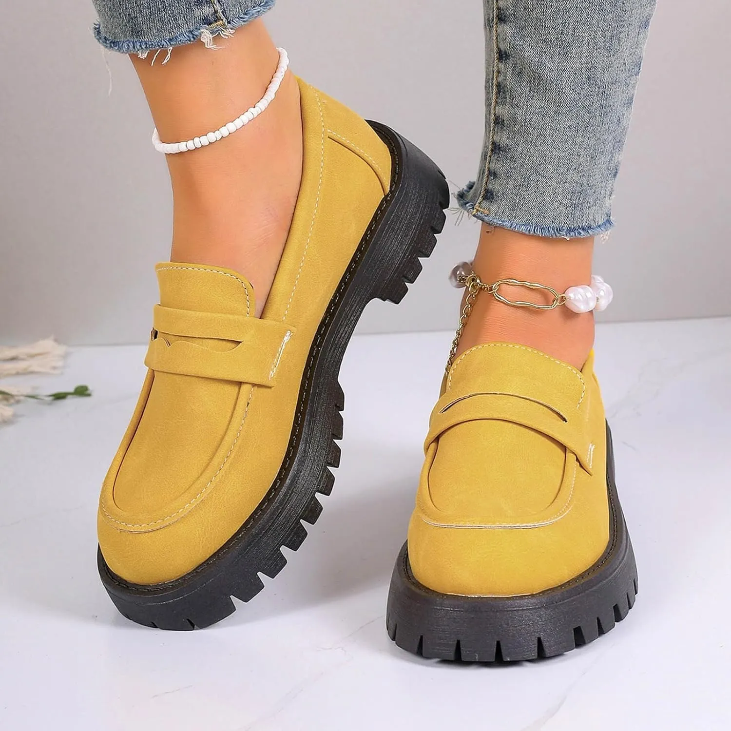 Womens Slip-On Shoes Platform Loafer Comfort Work Shoe Business Casual Shoes Leather Penny Loafers Chunky Loafers