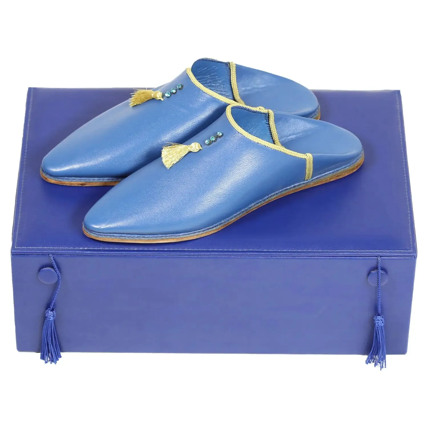 Women's Suede Khemissa Navy Yellow Moroccan Babouches Leather Slippers