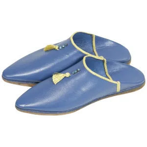 Women's Suede Khemissa Navy Yellow Moroccan Babouches Leather Slippers