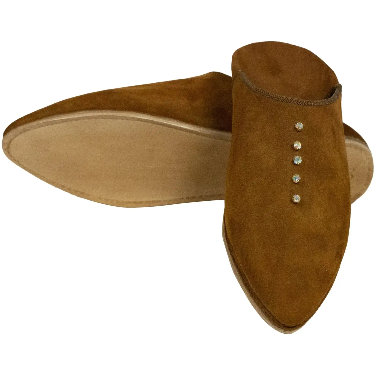 Women's Suede Pearls Brown Moroccan Babouches Leather Slippers-Brown