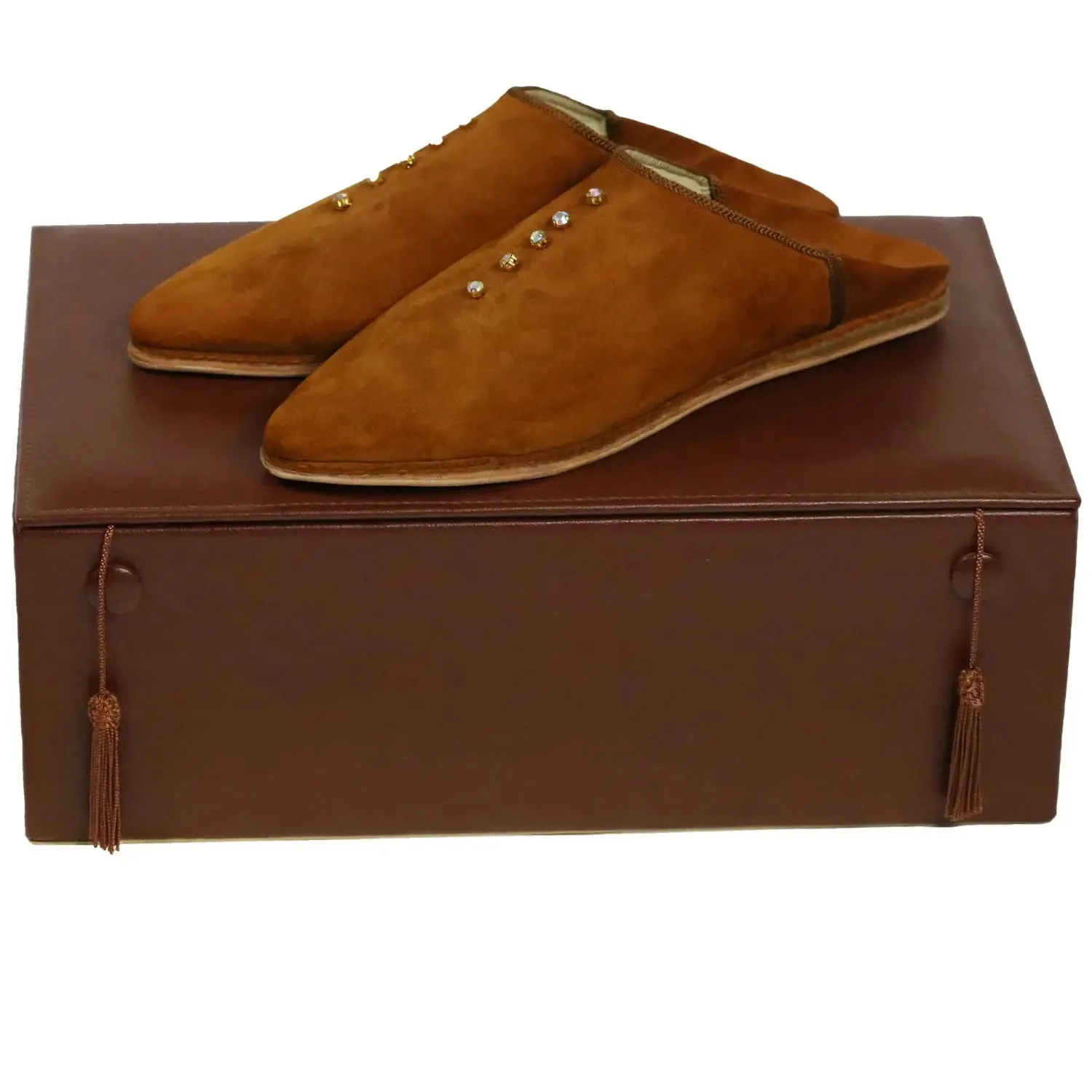 Women's Suede Pearls Brown Moroccan Babouches Leather Slippers-Brown