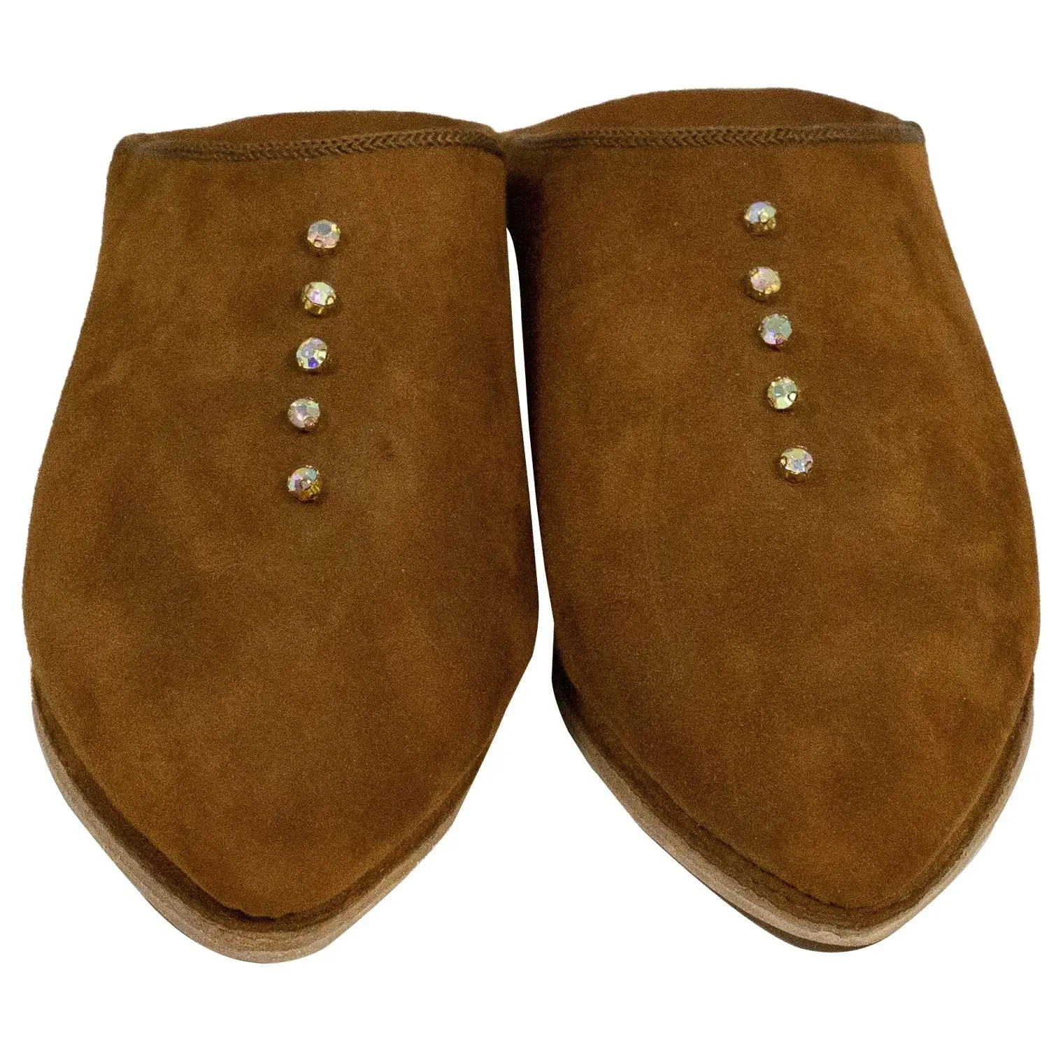Women's Suede Pearls Brown Moroccan Babouches Leather Slippers-Brown
