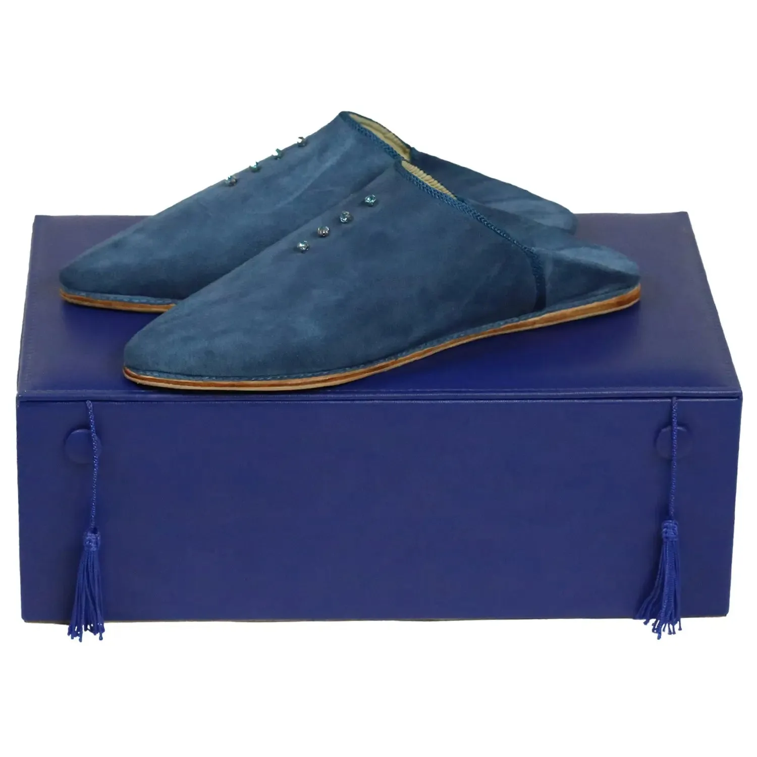 Women's Suede Sarma Blue Moroccan Babouches Leather Slippers-navy Blue