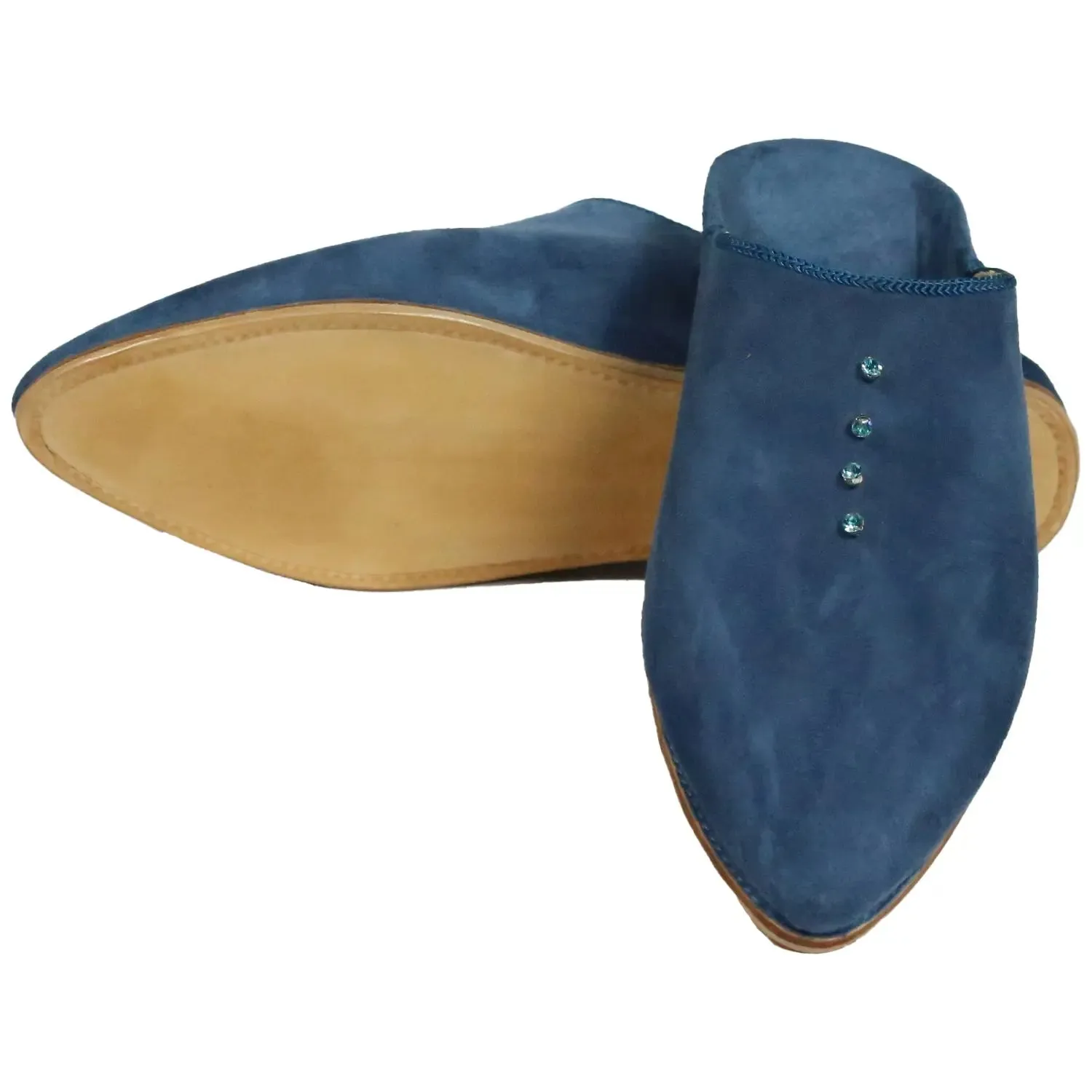 Women's Suede Sarma Blue Moroccan Babouches Leather Slippers-navy Blue