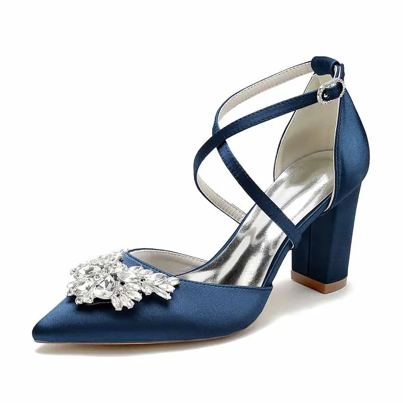 Women's Wedding Shoes Satin Block Heel Point Toe Wedding Heels Bridal Shoes Rhinestone Evening Shoes