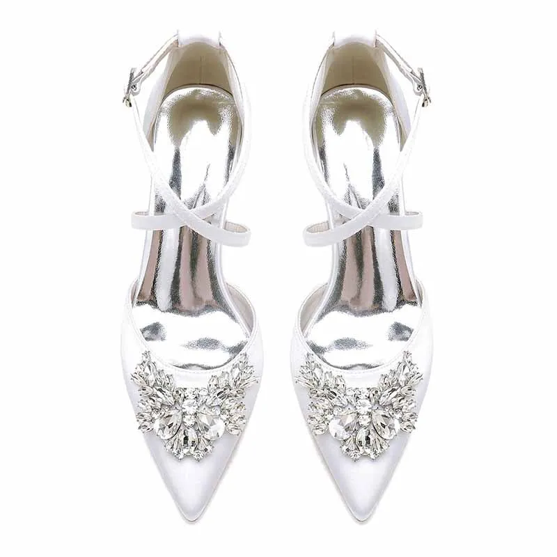 Women's Wedding Shoes Satin Block Heel Point Toe Wedding Heels Bridal Shoes Rhinestone Evening Shoes