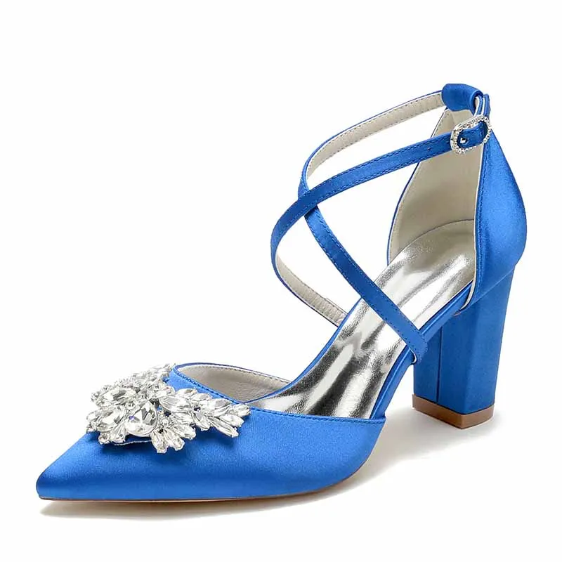 Women's Wedding Shoes Satin Block Heel Point Toe Wedding Heels Bridal Shoes Rhinestone Evening Shoes