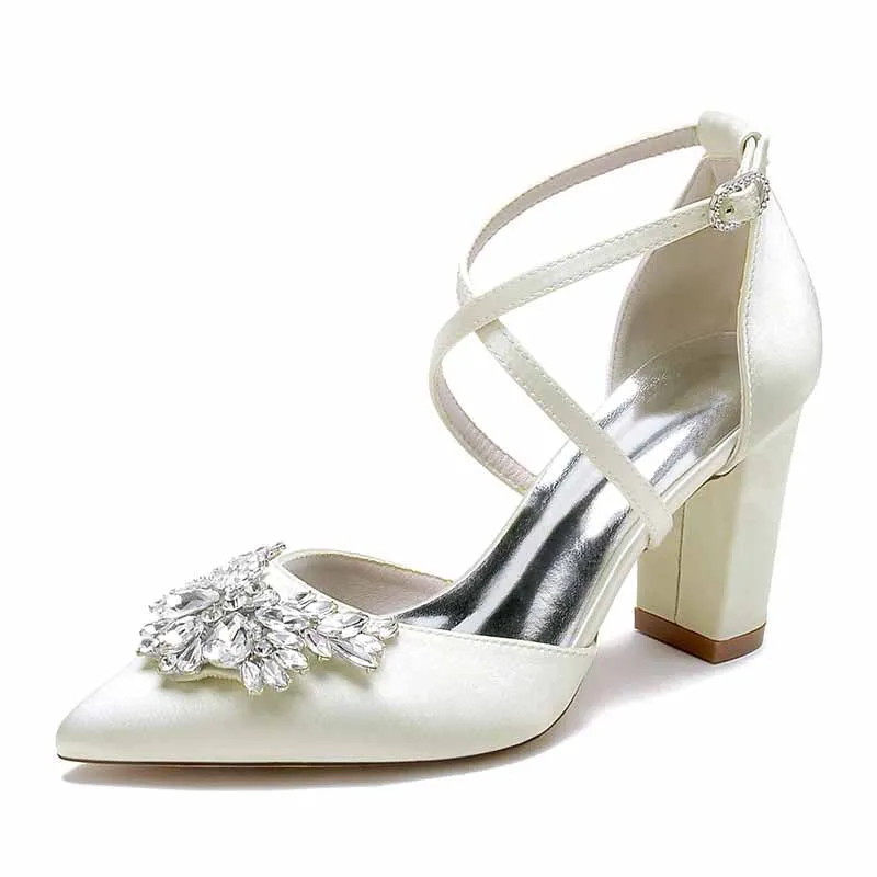 Women's Wedding Shoes Satin Block Heel Point Toe Wedding Heels Bridal Shoes Rhinestone Evening Shoes