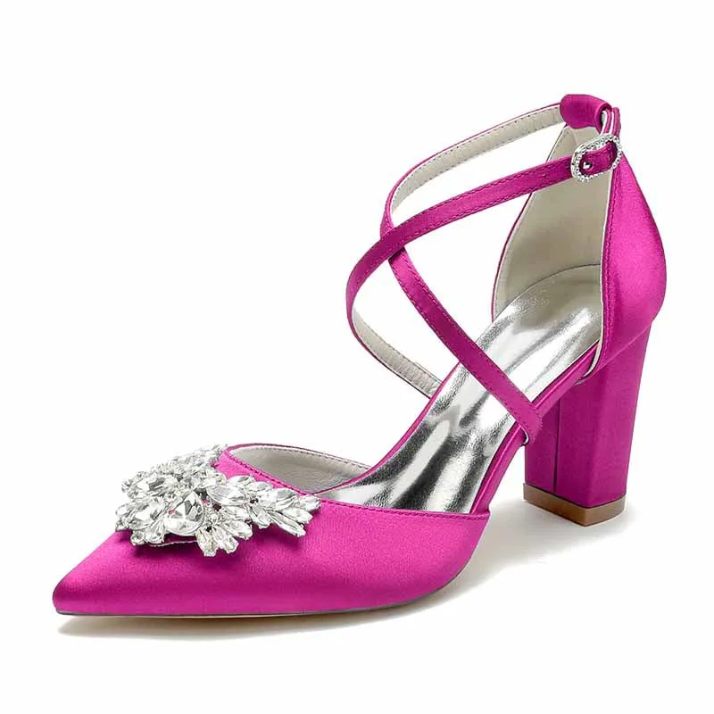 Women's Wedding Shoes Satin Block Heel Point Toe Wedding Heels Bridal Shoes Rhinestone Evening Shoes