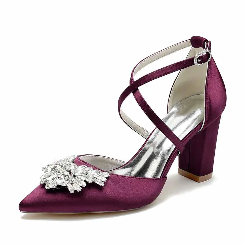Women's Wedding Shoes Satin Block Heel Point Toe Wedding Heels Bridal Shoes Rhinestone Evening Shoes