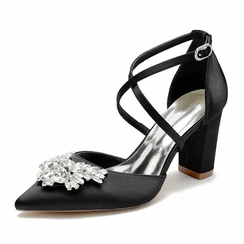 Women's Wedding Shoes Satin Block Heel Point Toe Wedding Heels Bridal Shoes Rhinestone Evening Shoes