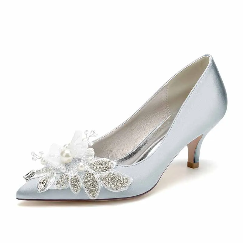 Women's Wedding Shoes Satin Kitten Heel Point Toe Wedding Heels Bridal Shoes Flower Pearl Rhinestone